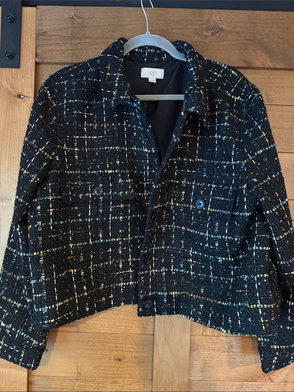 LOFT Black Tweed Cropped Blazer with Multicolor Accents